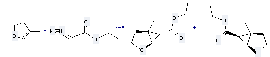 Furan,2,3-dihydro-4-methyl- can react with diazoacetic acid ethyl ester to get (1R,5S,6S)-5-methyl-6-carbethoxy-2-oxabicyclo[3.1.0]hexane and 5-methyl-2-oxa-bicyclo[3.1.0]hexane-6-carboxylic acid ethyl ester.